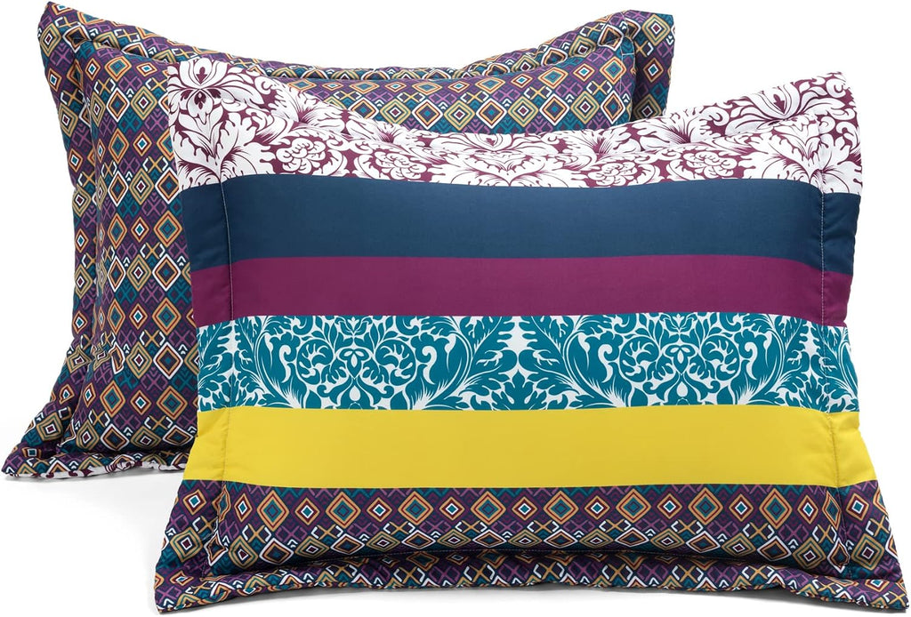 Lush Decor Boho Stripe Oversized Reversible 7 Piece Comforter Set, Full/Queen, Plum & Yellow