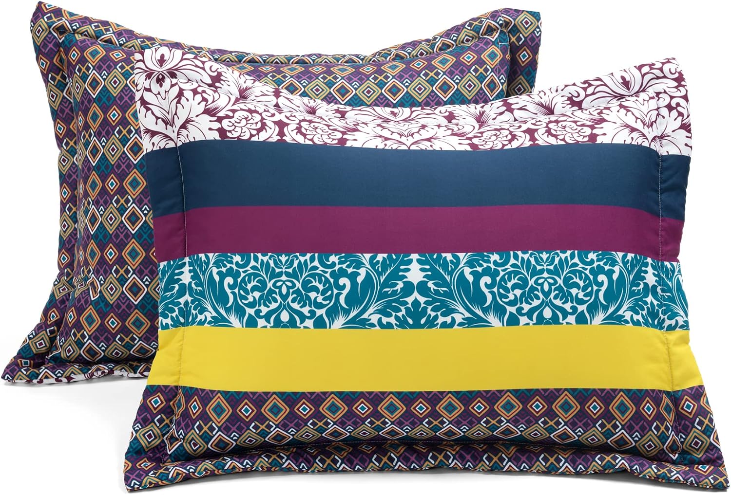 Lush Decor Boho Stripe Oversized Reversible 7 Piece Comforter Set, Full/Queen, Plum & Yellow