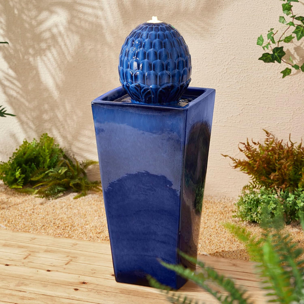 Glitzhome Ceramic Outdoor Water Fountain with LED Light, Oversized Artichoke Pedestal Water Fountains with Submersible Pump, Patio Fountain Waterfall for Garden Patio Deck Porch, Cobalt Blue, 35.75' H