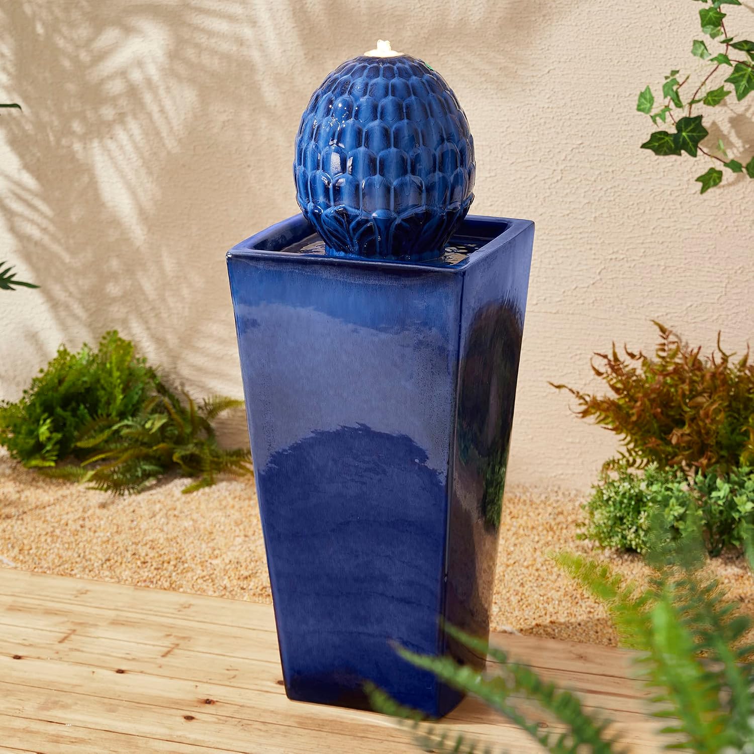Glitzhome Ceramic Outdoor Water Fountain with LED Light, Oversized Artichoke Pedestal Water Fountains with Submersible Pump, Patio Fountain Waterfall for Garden Patio Deck Porch, Cobalt Blue, 35.75' H