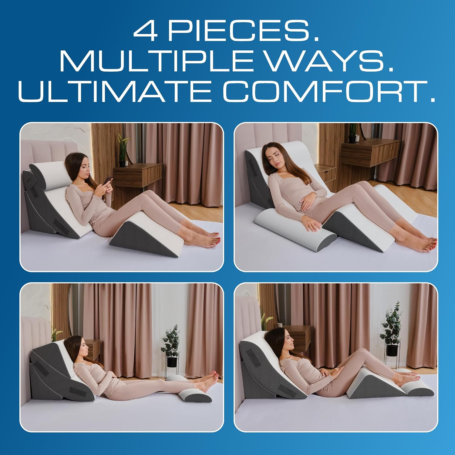 Kolbs Bed Wedge Pillow for Sleep Apnea, FSA Eligible Acid Reflux, and Back Pain Relief, with Chic Jacquard Cover - Headboard Wedges for Sleeping (4 Piece Wedge Set)