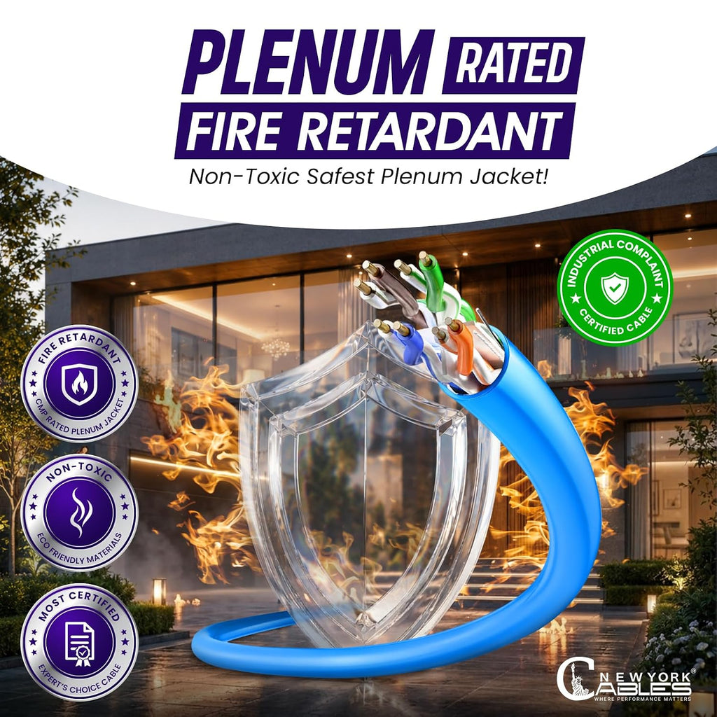 Newyork Cables | CAT6 Plenum Cable 1000ft | 23AWG, UTP 4Pairs, 550MHz 10Gbps Most Certified (CMP) Rated | Fire-Retardant Jacket | Bulk Cat 6 Ethernet Cable for Networking (Solid Conductor, Blue)