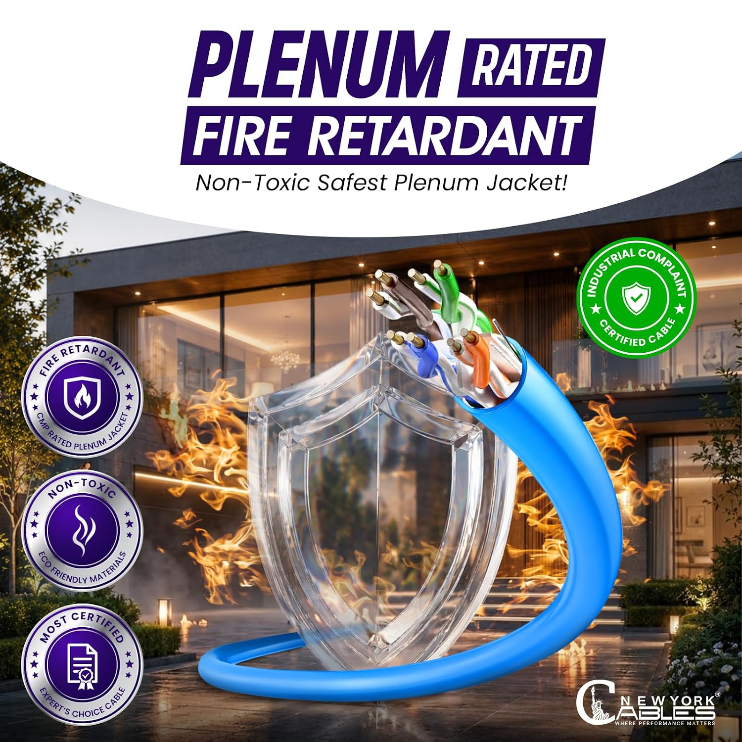 Newyork Cables | CAT6 Plenum Cable 1000ft | 23AWG, UTP 4Pairs, 550MHz 10Gbps Most Certified (CMP) Rated | Fire-Retardant Jacket | Bulk Cat 6 Ethernet Cable for Networking (Solid Conductor, Blue)