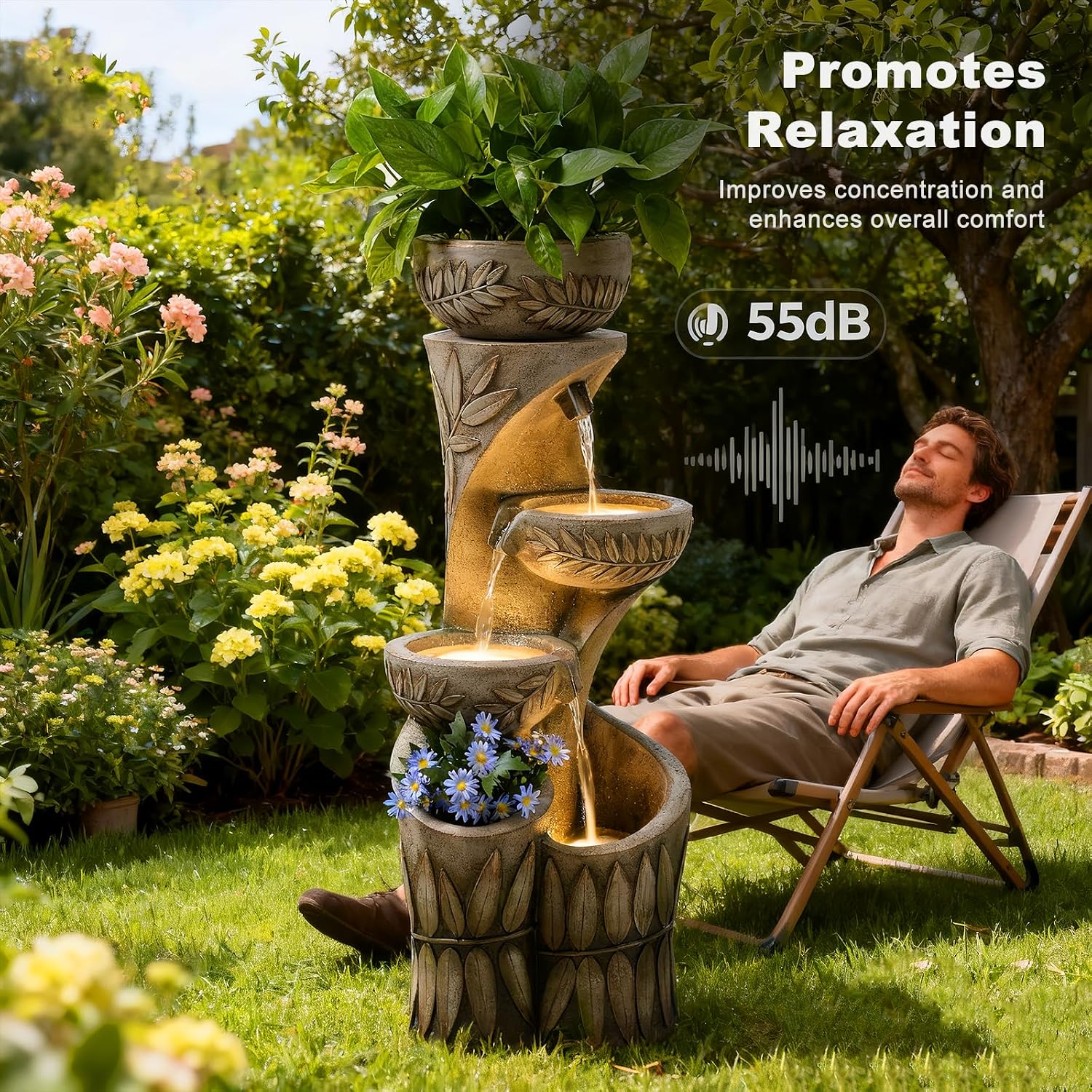 35.6' H Outdoor Water Fountain - Relief Leaf Design 4 Tiers Modern Cascading Bowls and Garden Fountains with Lights for Patio, Deck, Porch, Lawns, Backyard and Home Art Decor