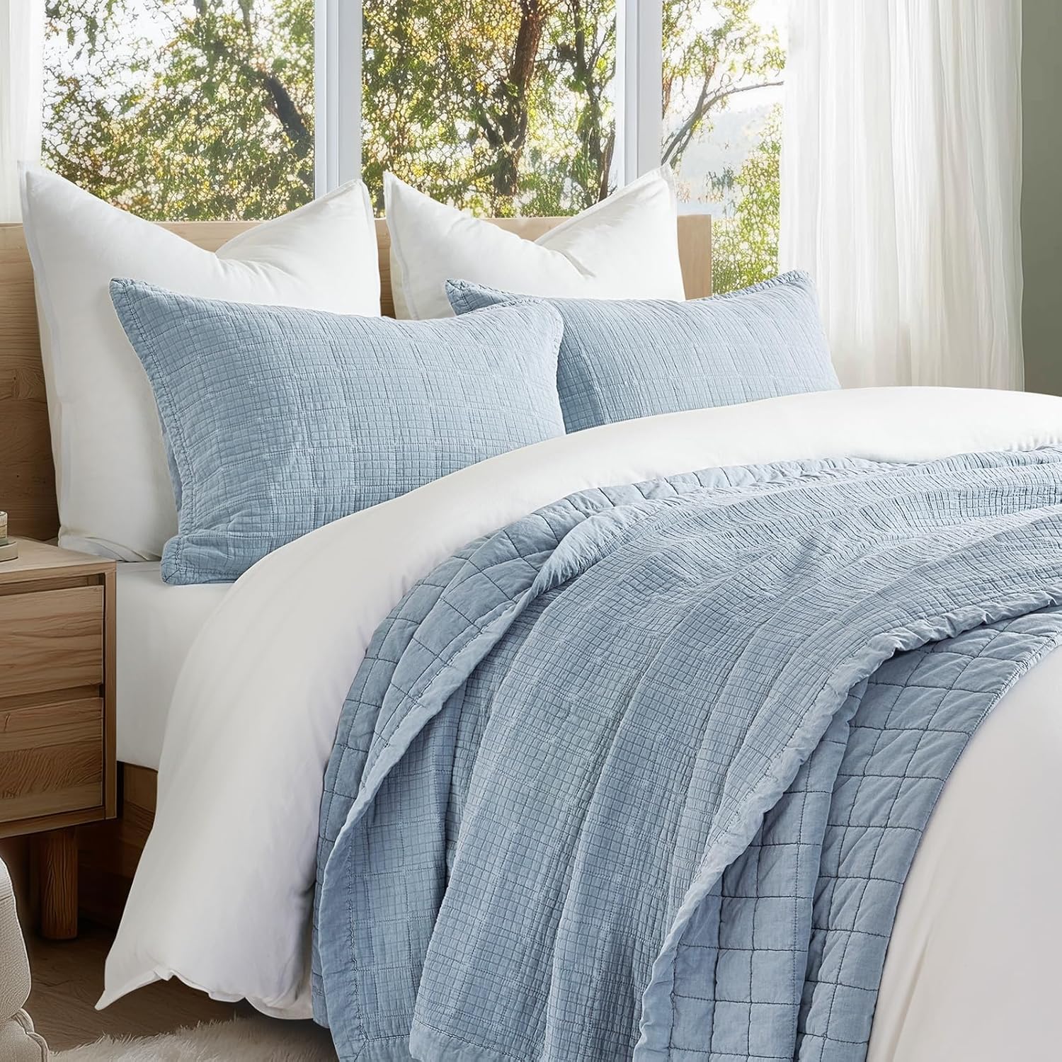 EVERGRACEHOME Stonewashed Cotton Quilt Set King Size, Ultra Soft Oversized Bedspread Coverlet Set, Lightweight Crinkle Box Stitch Bedding Sets for All Season, with 2 Matching Shams, Blue Linen