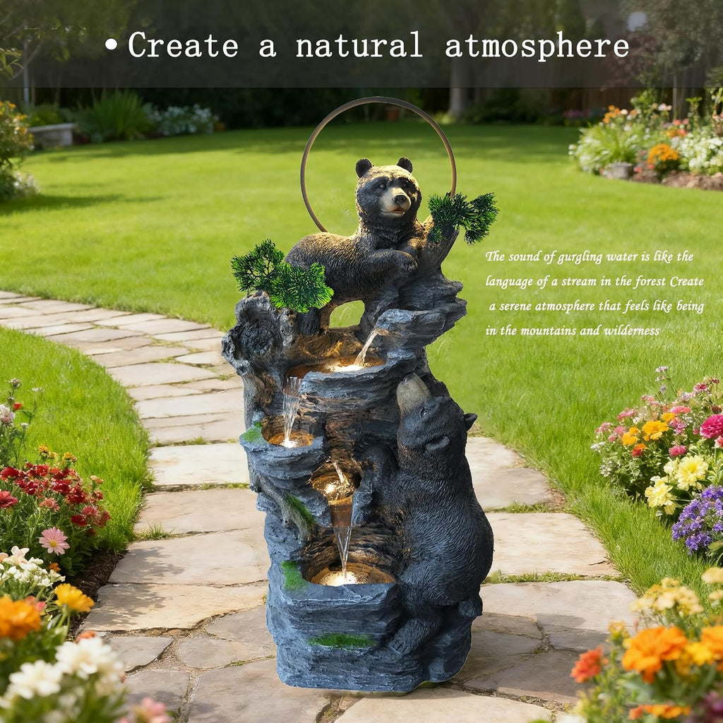 39.3' H Bear Outdoor Fountain with LED Lights and Five Tiered Waterfall Water Features,Suitable for Courtyard,Gardenand Indoor Decoration
