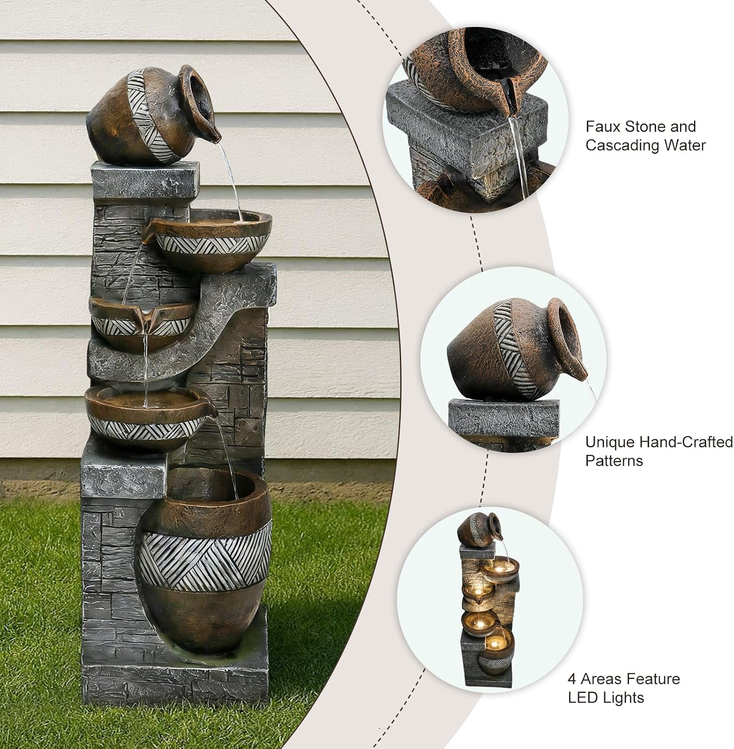 Naturefalls 42.5' Tall Outdoor Water Fountain and Waterfalls - Large Garden Fountain with LED Lights, 5-Tier Cascading, Indoor and Outdoor Fountains for Garden, Patio, Deck, Porch, Backyard and Home
