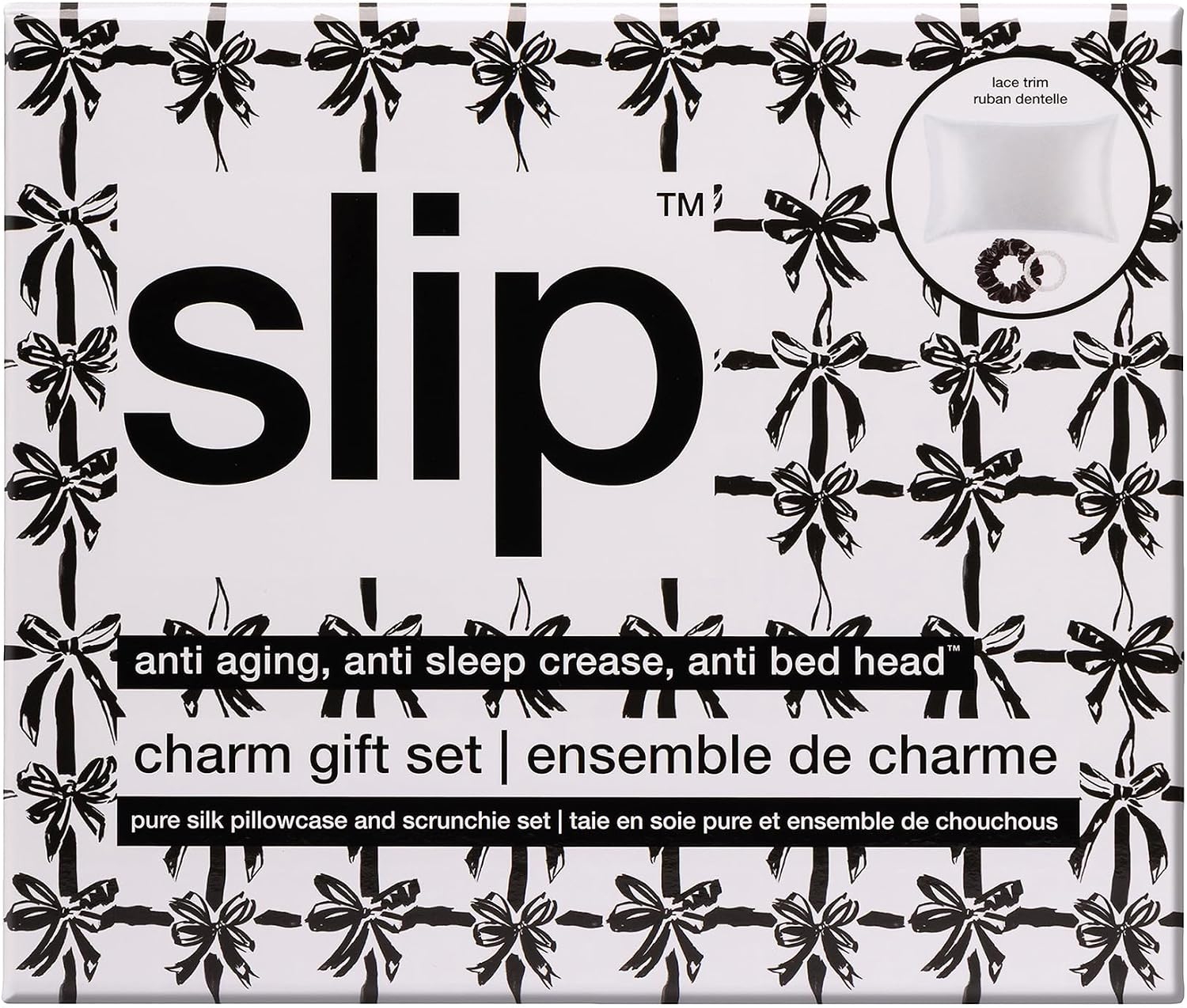 slip Charm Gift Set – White Queen Silk Pillowcase with Lace Trim, Black Large Scrunchie & White Skinny Scrunchie – Pure Mulberry Silk Hair & Sleep Essentials