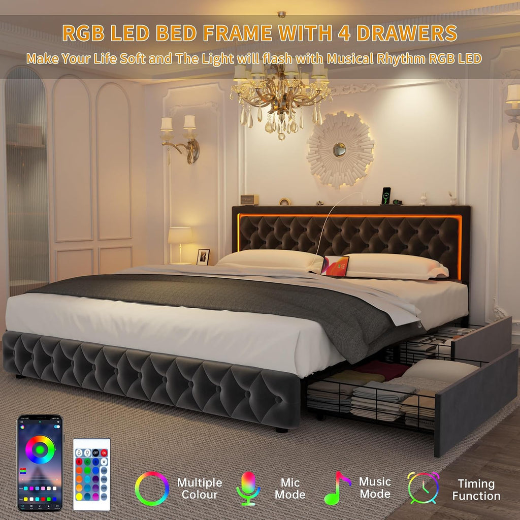Full Bed Frame with 4 Storage Drawers, Velvet Upholstered Bed Frame Full Size with Charging Station and LED Lights, 46' Adjustable Button Tufted Headboard, No Box Spring Needed, Grey