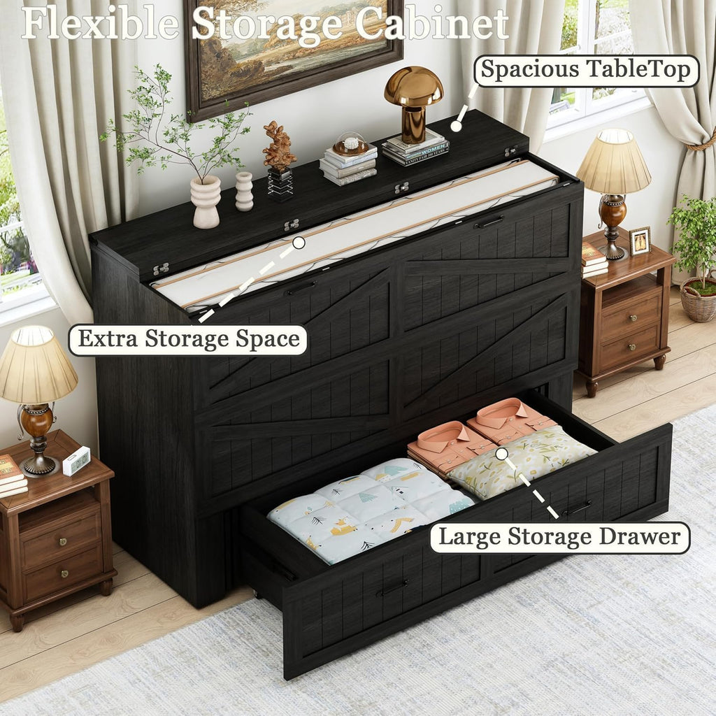 Queen Size Murphy Bed with Charging Station and Large Drawer, Farmhouse Cabinet Bed with Storage, Multifunctional Wood Hidden Folding Bed Frame for Bedroom, Black