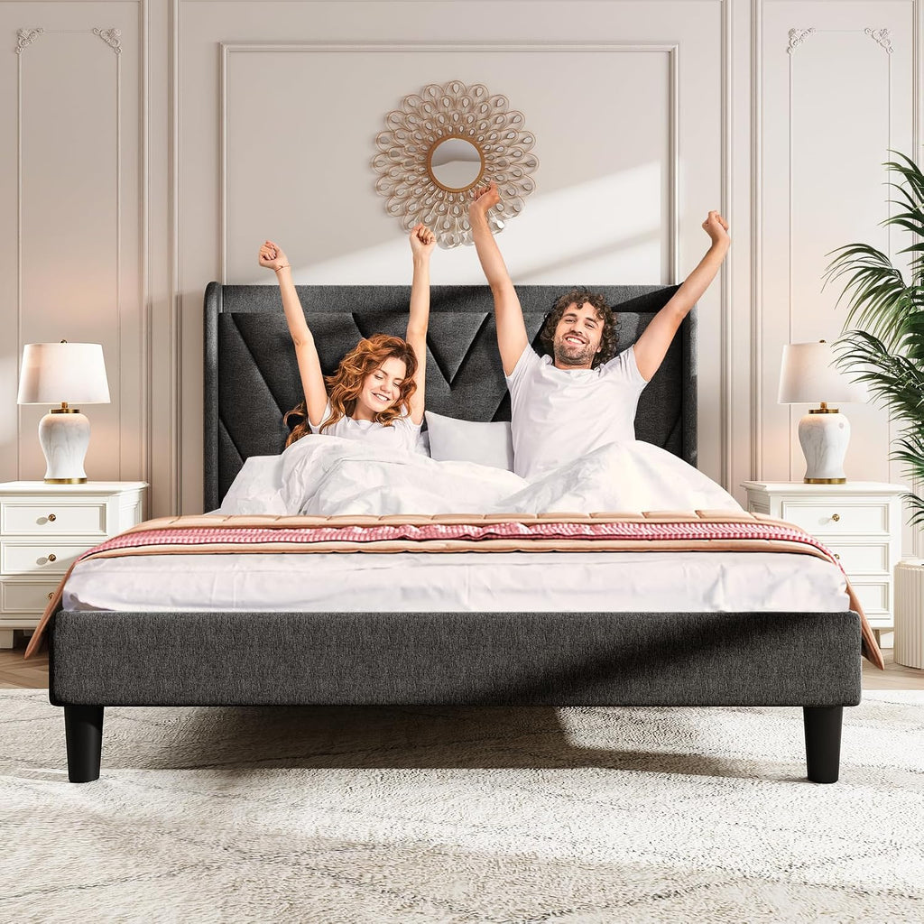 koorlian Queen Bed Frame with Headboard, Adjustable Upholstered Platform Bed Frame with Type-C&USB Ports, Wingback Storage Headboard, Solid Wood Slats Support, No Box Spring Needed, Dark Gray