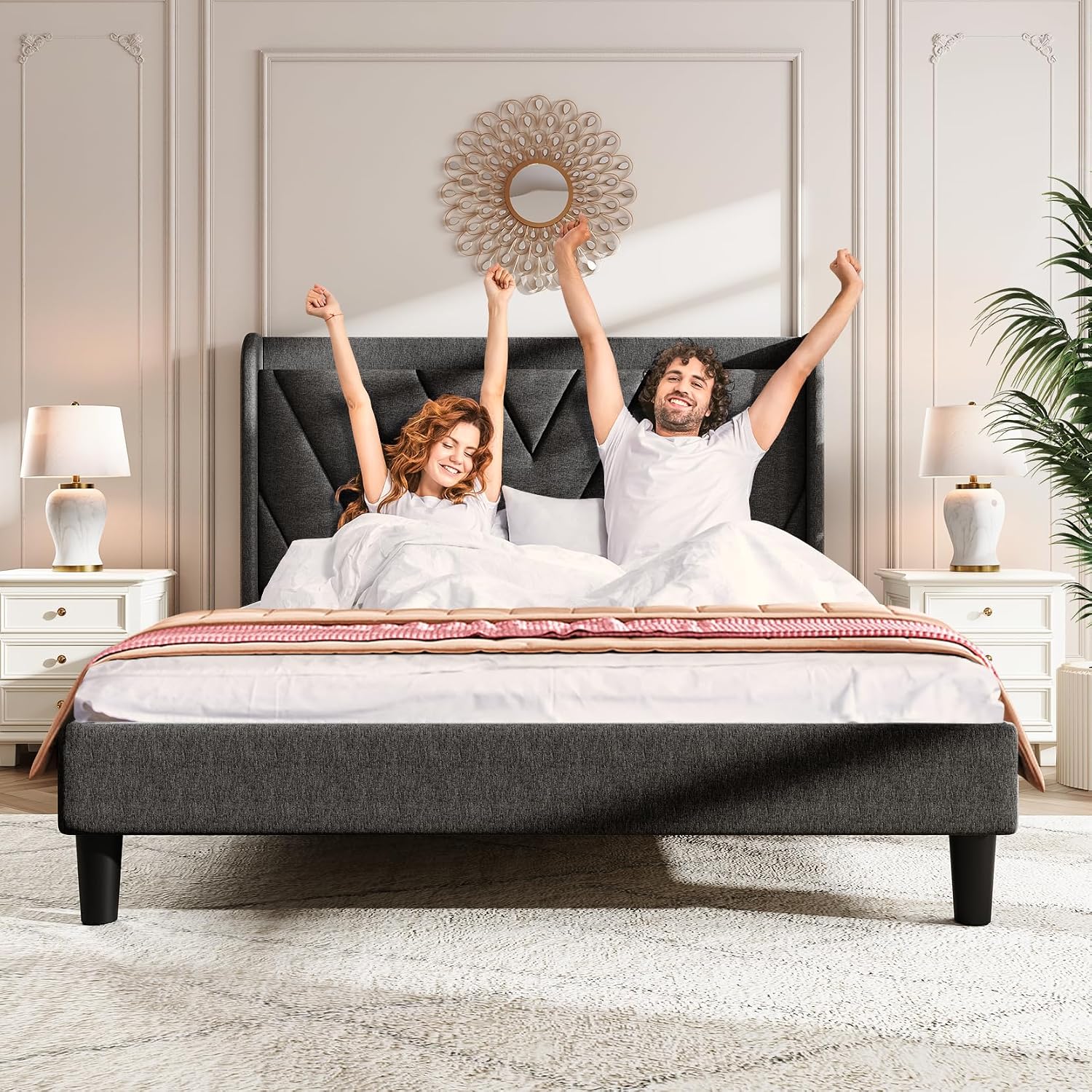 koorlian Queen Bed Frame with Headboard, Adjustable Upholstered Platform Bed Frame with Type-C&USB Ports, Wingback Storage Headboard, Solid Wood Slats Support, No Box Spring Needed, Dark Gray