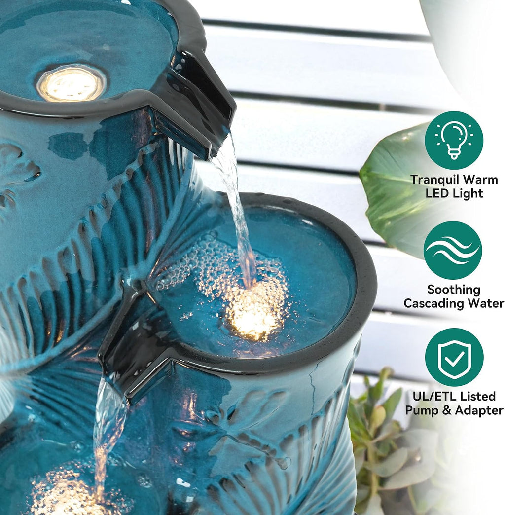 Ceramic Outdoor Water Fountain with LED Lights, 25.5' H 3-Tier Bamboo-Style Water Feature with Tropical Leaf & Dragonfly Texture, Soothing Cascading Waterfall for Garden Patio Yard Oasis