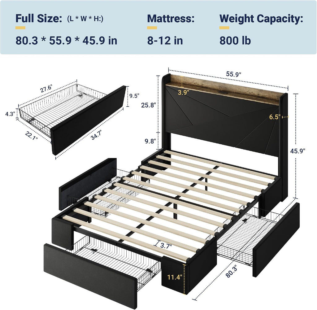 Allewie Full Size Velvet Bed Frame with 3 Storage Drawers, Upholstered Platform Bed with Wingback Storage Headboard and USB Ports, No Box Spring Needed, Easy Assembly, Black