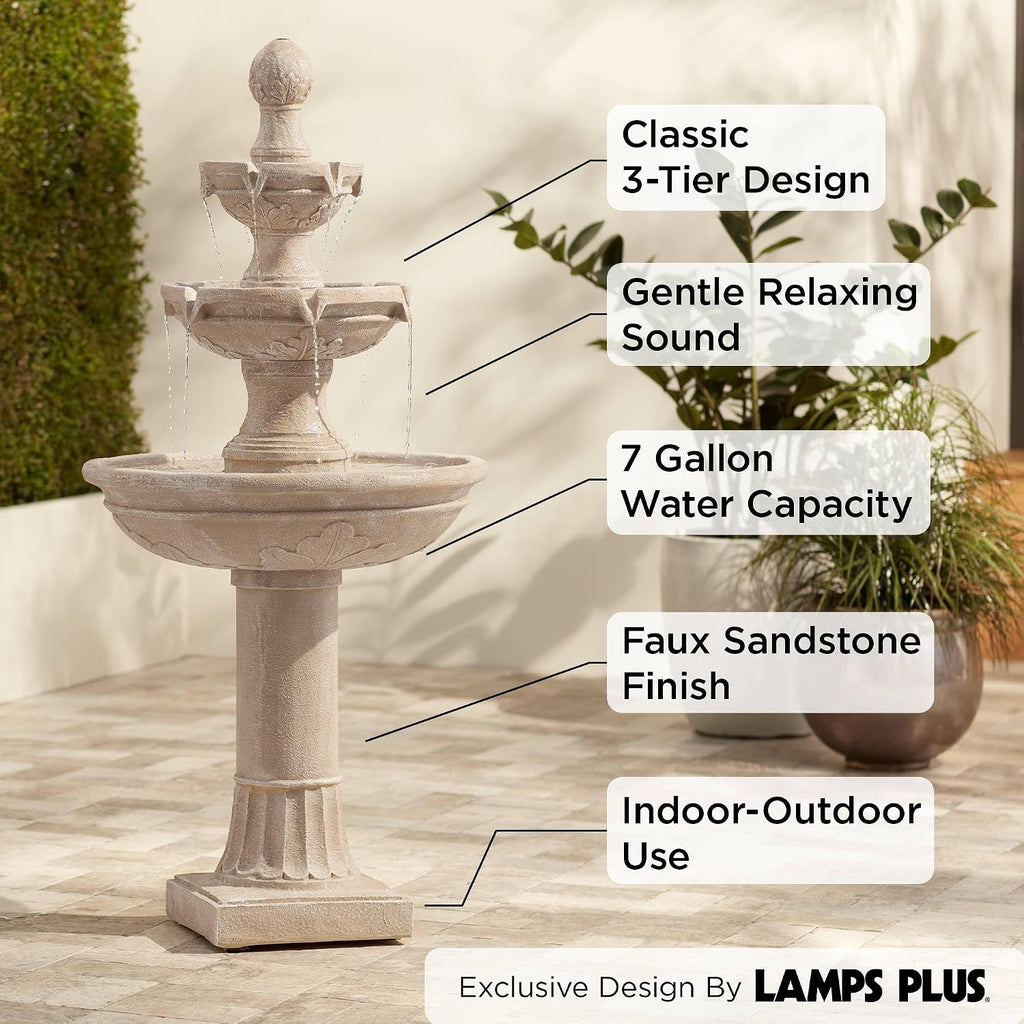 Stafford 48' High Large Traditional Italian Indoor Outdoor Decor Faux Stone Floor Fountain Waterfall 3-Tier Standing Basin Water Feature for Outside Garden Patio Yard Backyard Porch - John Timberland