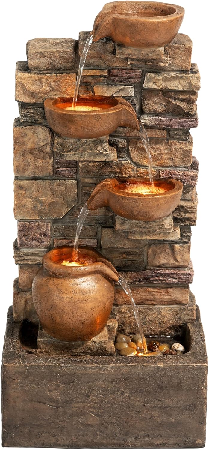 Teamson Home 28.5' Outdoor 4-Tier Stacked Stone Cascading Water Fountain with LED Lights, Brown