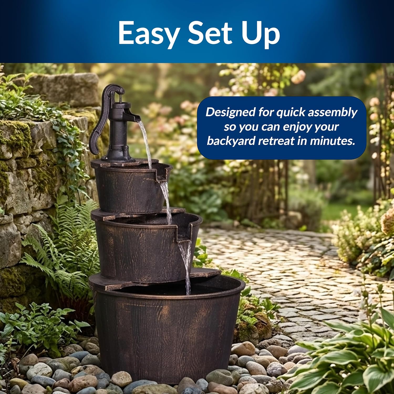 Alpine Corporation 40' Tall Outdoor Floor Tiered Rustic Pump and Barrel Water Fountain, Old-Fashioned Waterfall for Garden, Patio, Yard Decor, Dark Brown
