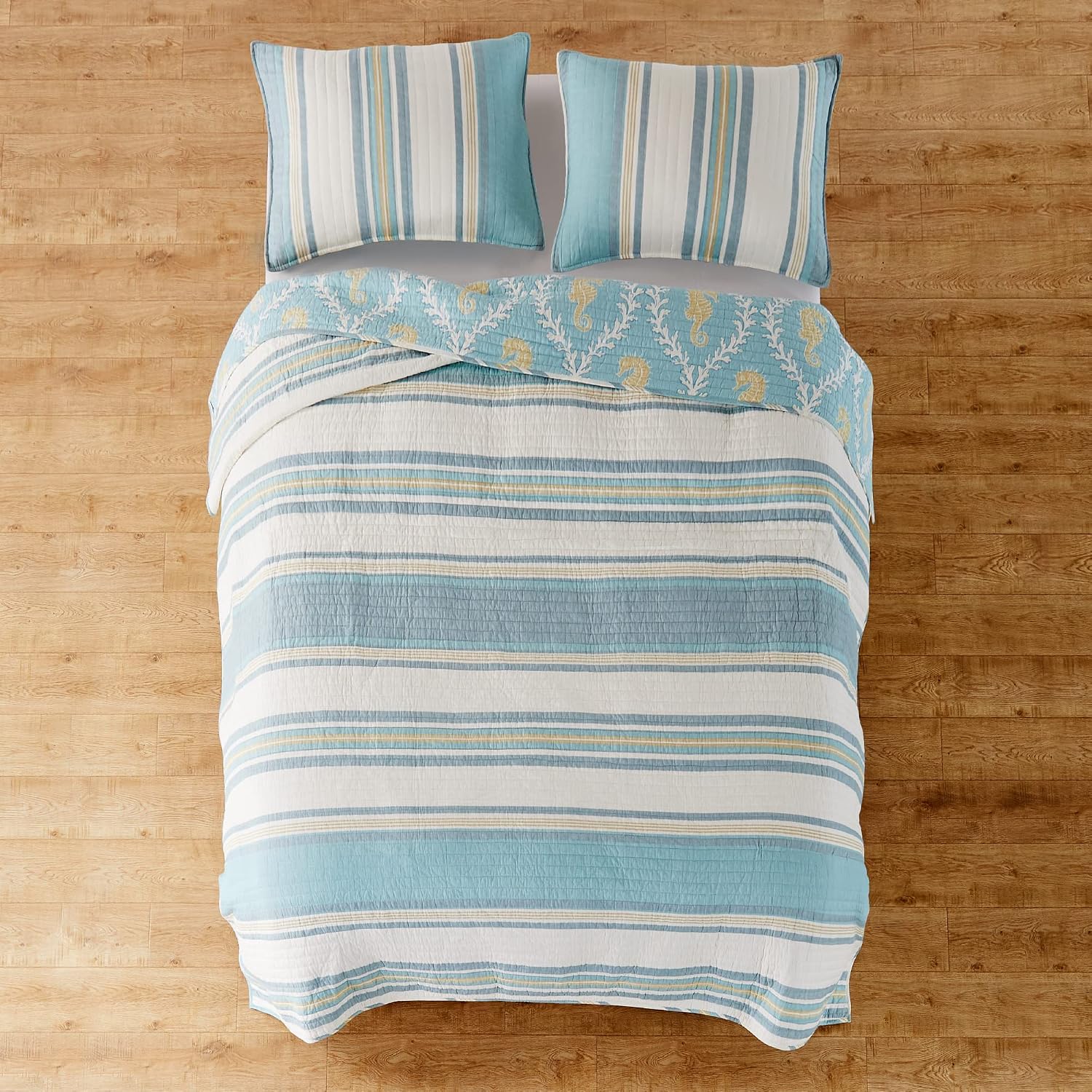 Levtex Home - Kailua Quilt Set - Queen Quilt + Two Standard Pillow Shams - Stripe - Blue Teal Taupe Cream - Quilt (88x92in.) and Pillow Shams (26x20in.) - Reversible - Cotton Fabric
