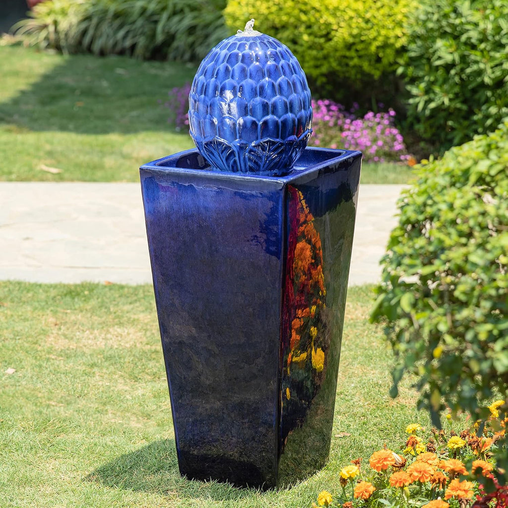Glitzhome Ceramic Outdoor Water Fountain with LED Light, Oversized Artichoke Pedestal Water Fountains with Submersible Pump, Patio Fountain Waterfall for Garden Patio Deck Porch, Cobalt Blue, 35.75' H