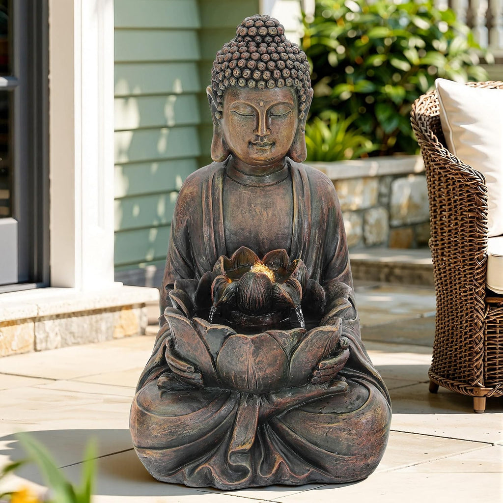 29' Outdoor Fountain, Zen Meditating Buddha Water Feature with LED Lights, Resin Lotus Soothing Cascading Waterfall for Patio, Backyard, Garden or Porch
