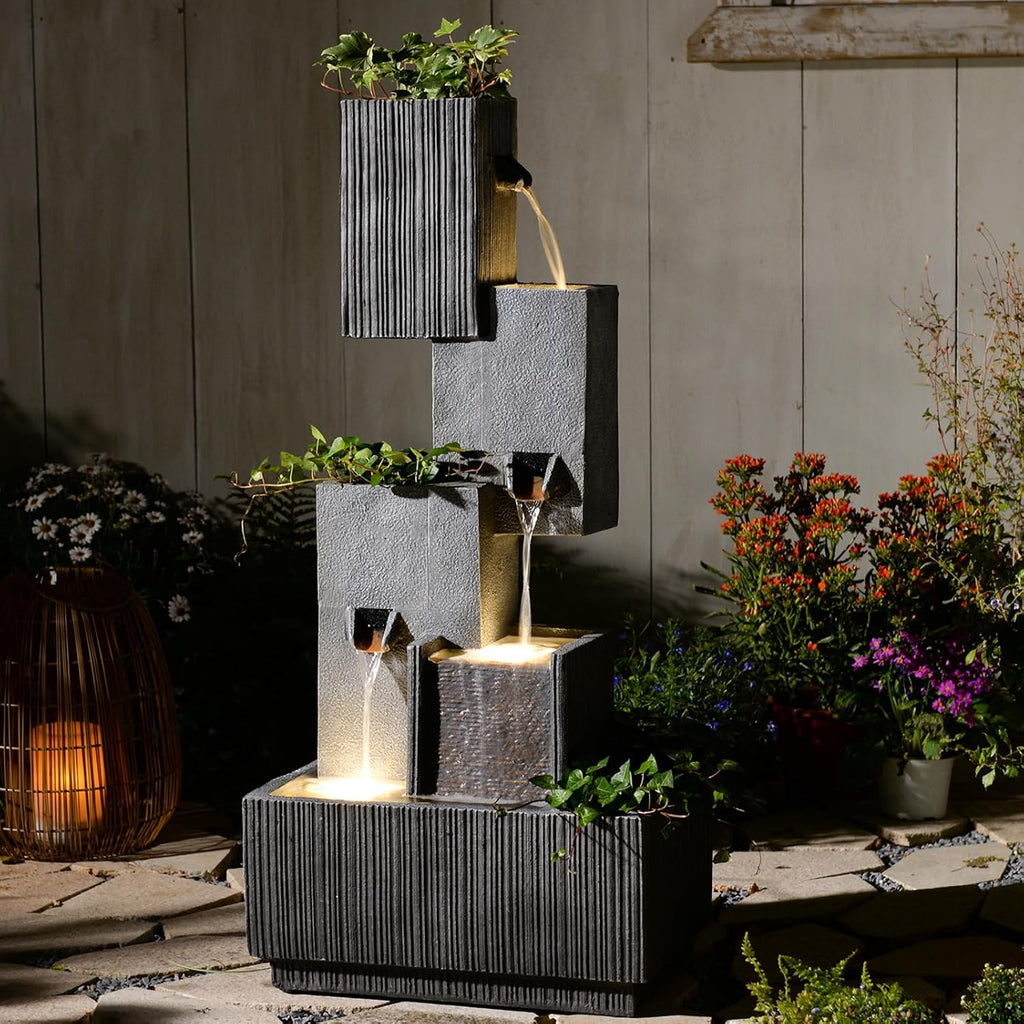 Tankana 42' H Outdoor Water Fountain Garden Waterfalls - Large Water Feature Geometric Stacking Waterfall Fountains Planter with Lights for Patio Backyard Deck Porch Deck and Home Decor, Gray