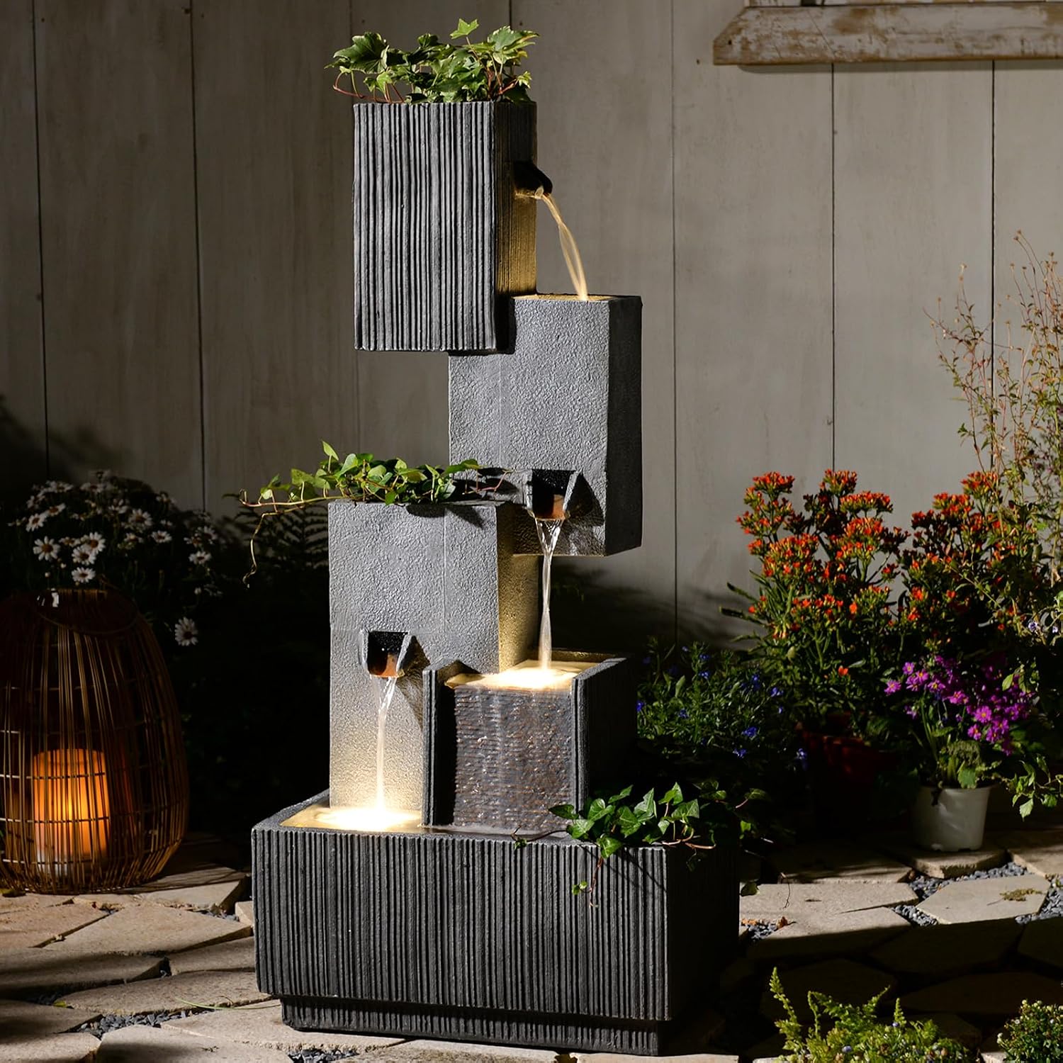 Tankana 42' H Outdoor Water Fountain Garden Waterfalls - Large Water Feature Geometric Stacking Waterfall Fountains Planter with Lights for Patio Backyard Deck Porch Deck and Home Decor, Gray