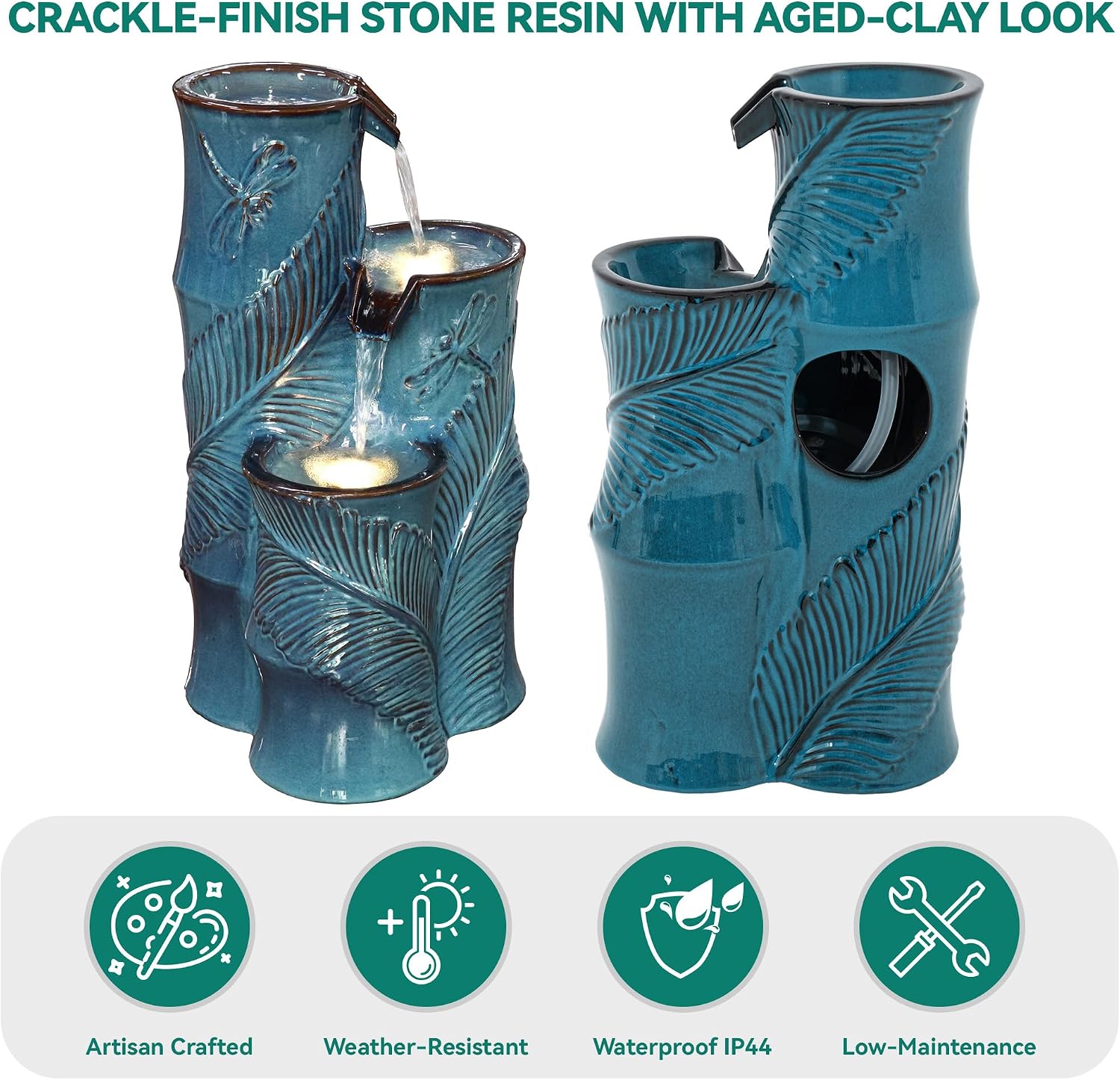 Ceramic Outdoor Water Fountain with LED Lights, 25.5' H 3-Tier Bamboo-Style Water Feature with Tropical Leaf & Dragonfly Texture, Soothing Cascading Waterfall for Garden Patio Yard Oasis
