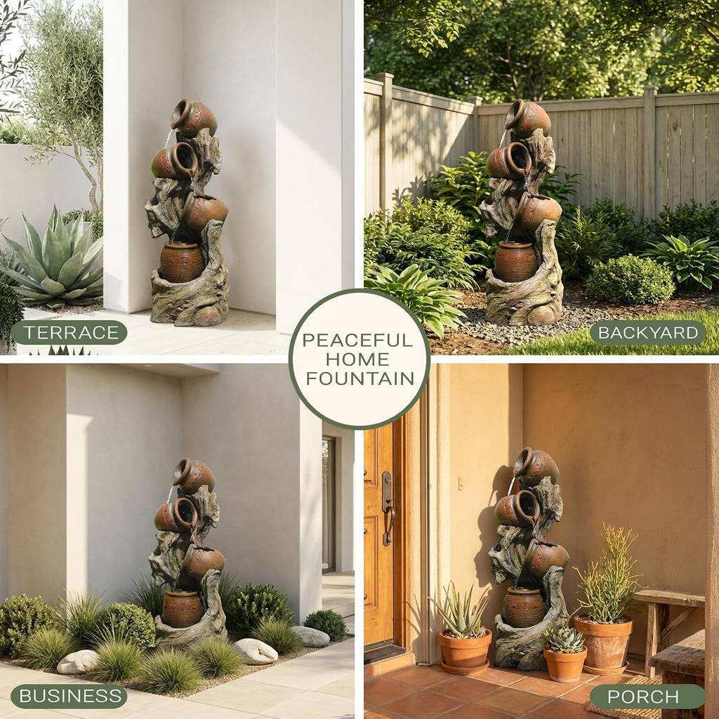 47' H Outdoor Water Fountain with LED Lights, 4-Tier Cascading Water Fountain for Indoor & Outdoor Use, Garden Patio Waterfall Fountain with Rustic Wood-Style Design for Porch, Backyard Décor