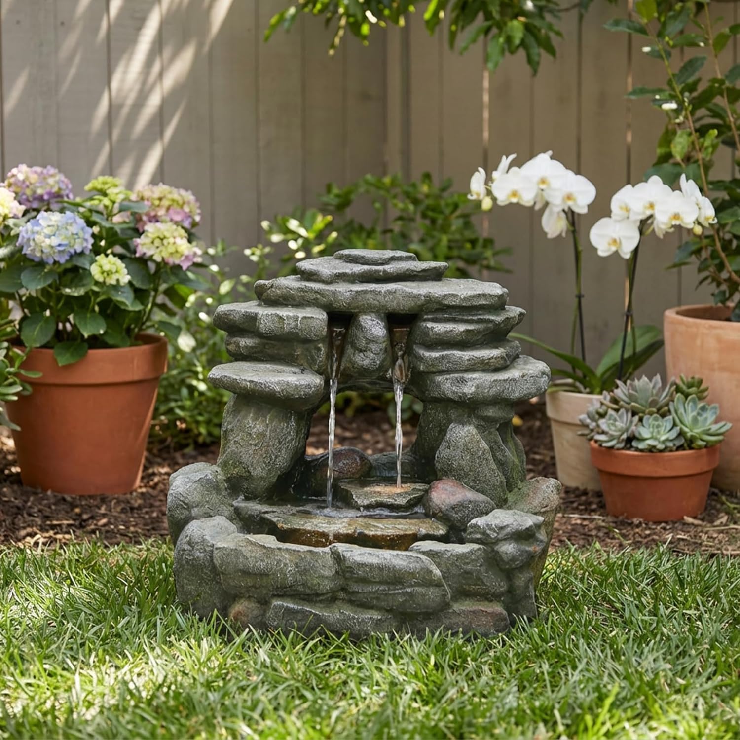 Bumilgar 15.6' H Small Garden Outdoor Rock Water Fountain with LED Lights, 3-Tier Cascading Waterfall Fountain for Patio, Porch, Backyard & Indoor Home Decor