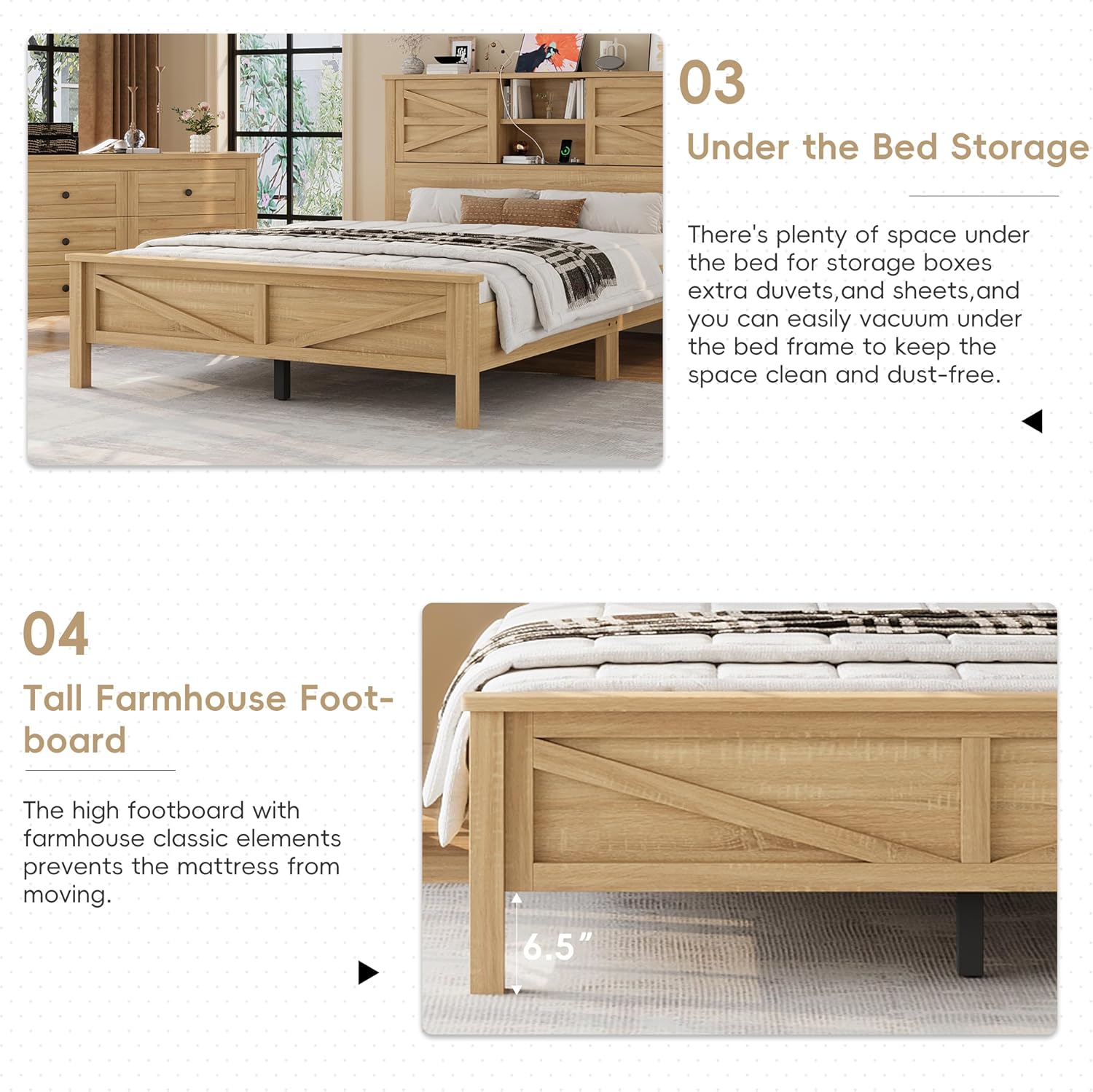 Farmhouse Bedroom Set 3 Pieces, Full Size Wood Platform Bed Frame, Nightstand and Dressing Table, Full Bedframe with Double Sliding Door Headboard and Charging Station (Natural, Full)