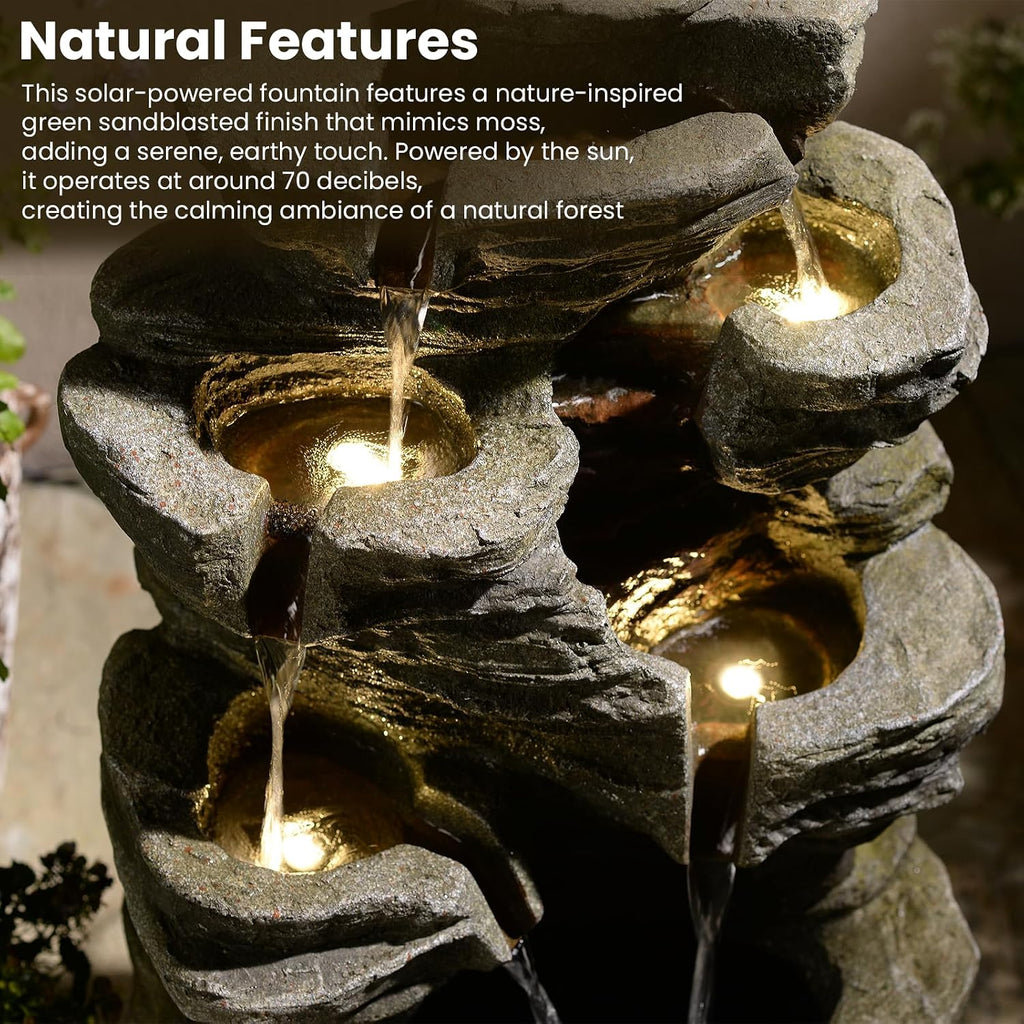 6-Tier Solar Water Fountain Outdoor, 24.4' H Cascading Rock Feature Garden Fountains and Waterfalls with Light, Pump, Solar Panel for The Patio, Deck, Porch, Backyard Home Décor, Stone Gray