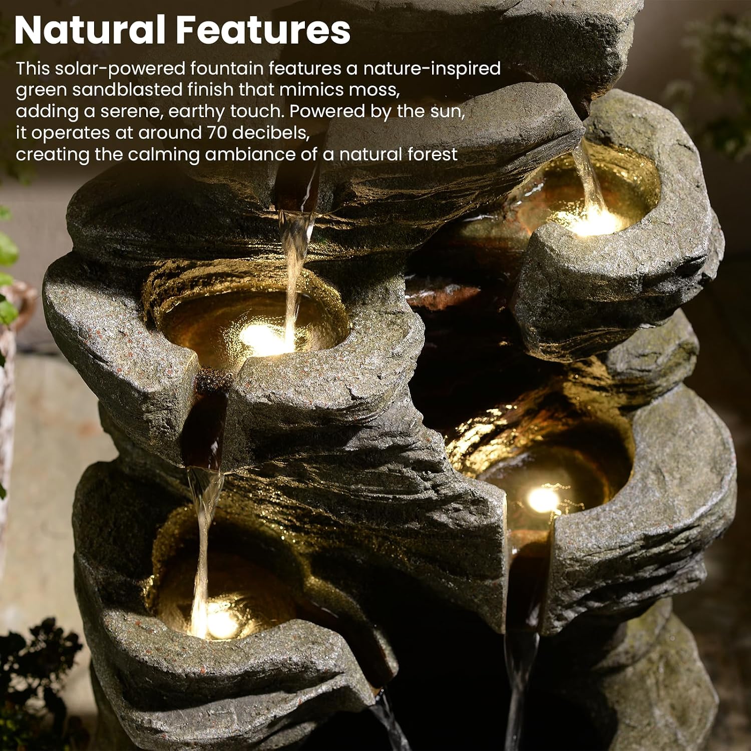 6-Tier Solar Water Fountain Outdoor, 24.4' H Cascading Rock Feature Garden Fountains and Waterfalls with Light, Pump, Solar Panel for The Patio, Deck, Porch, Backyard Home Décor, Stone Gray