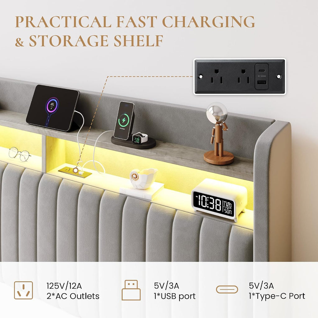 SHA CERLIN Full Size Lift Up Storage Bed Frame/LED Lights/Charging Station/2-Tier Shelves Headboard/USB,Type-C Ports/Velvet Upholstered/Hydraulic Support/No Box Spring Needed/Noise Free/Gray