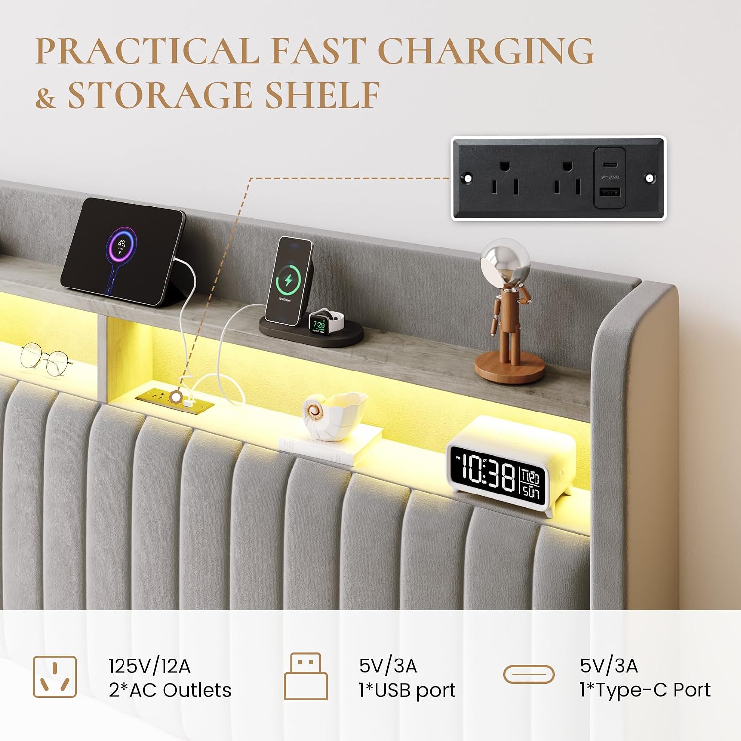 SHA CERLIN Queen Size Lift Up Storage Bed Frame/LED Lights/Charging Station/2-Tier Shelves Headboard/USB,Type-C Ports/Velvet Upholstered/Hydraulic Support/No Box Spring Needed/Noise Free/Gray