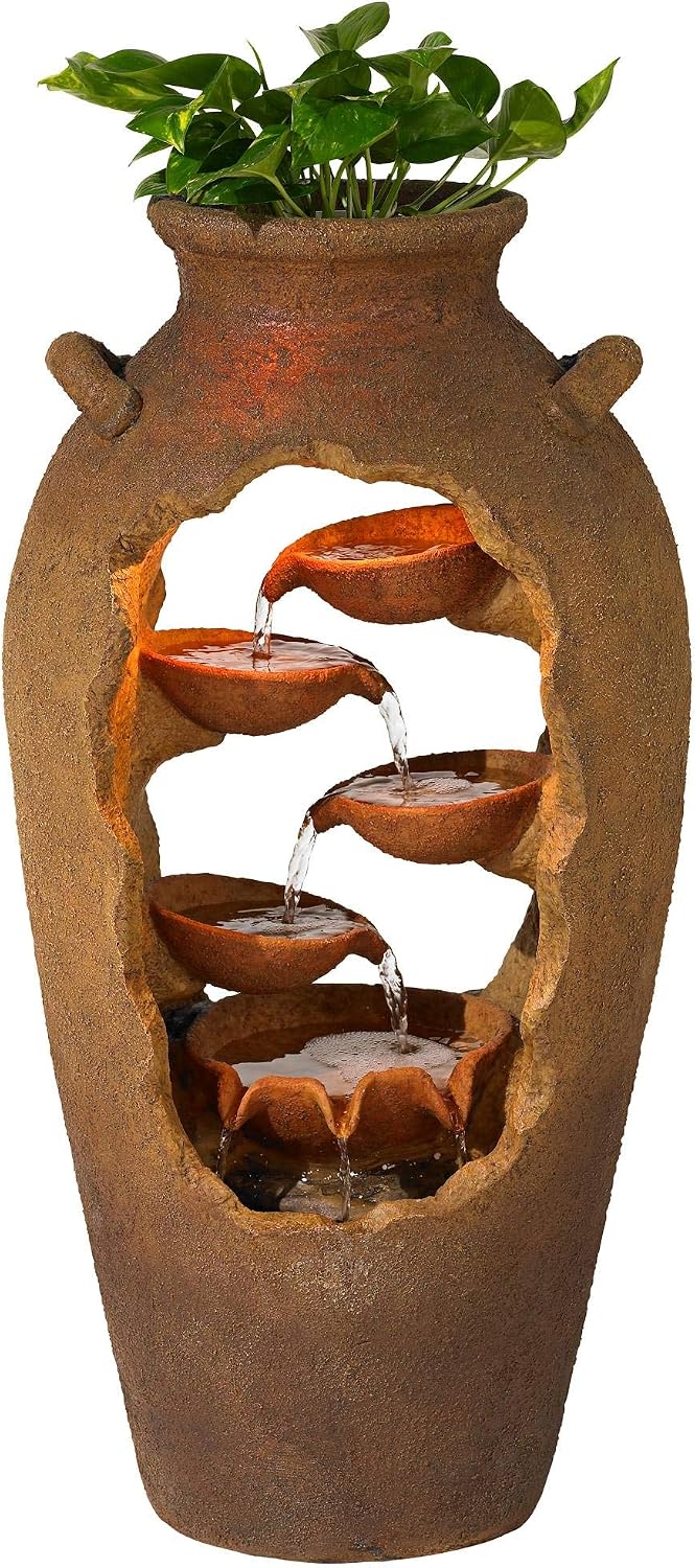 Nathan Cascade 33' High Large Rustic Outdoor Decor Faux Stone Floor Fountain with Light LED Urn with Planter Waterfall Standing Water Feature for Outside Garden Patio Yard Backyard - John Timberland