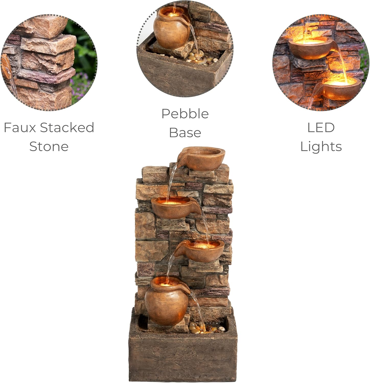 Teamson Home 28.5' Outdoor 4-Tier Stacked Stone Cascading Water Fountain with LED Lights, Brown