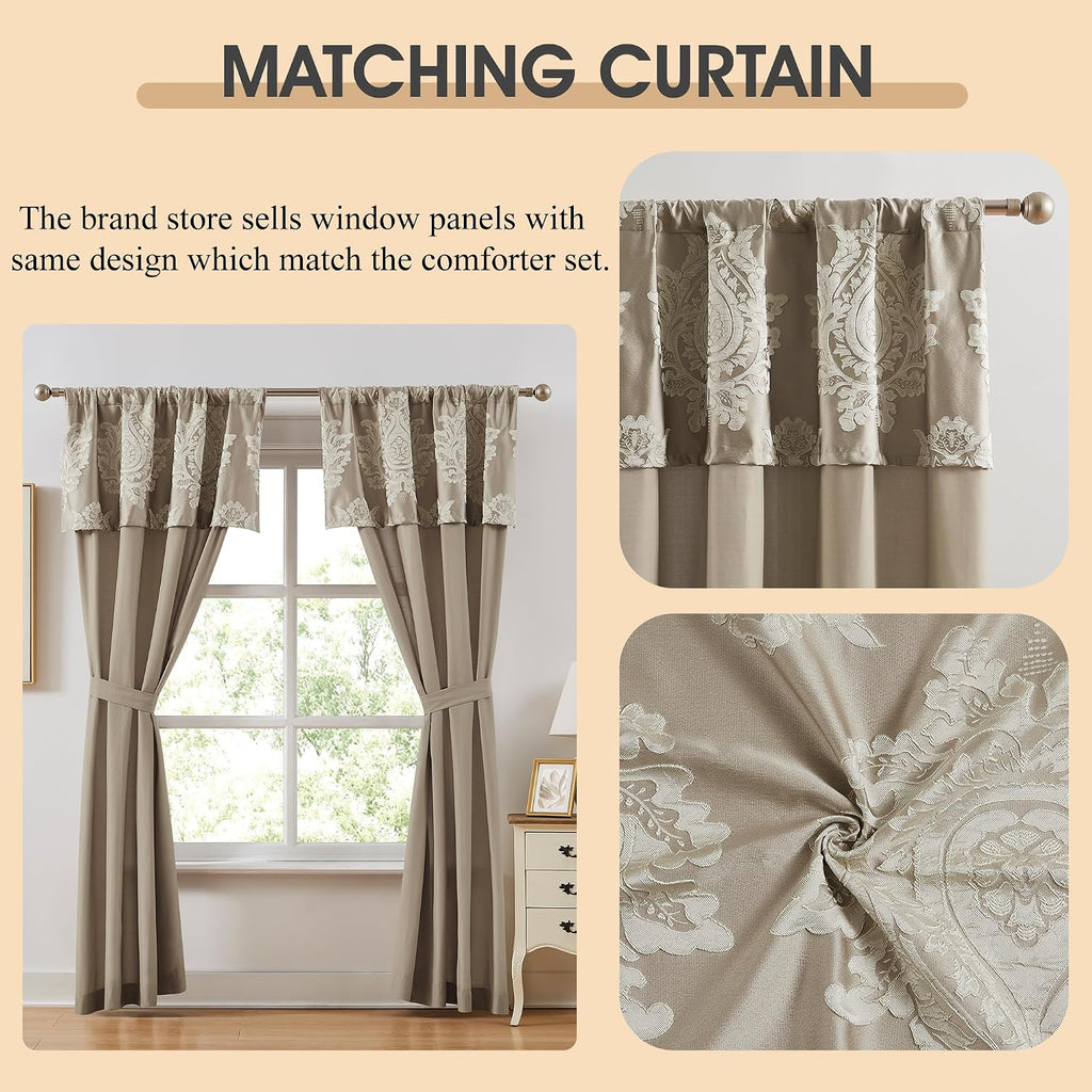LANCO MODERN LIFESTYLE Beige Queen Comforter Set 7 Pieces, Jacquard Woven with Damask, Bedding Set in a Bag Includes Comforter, Bed Skirt, Pillow Shams, and Decorative Pillows