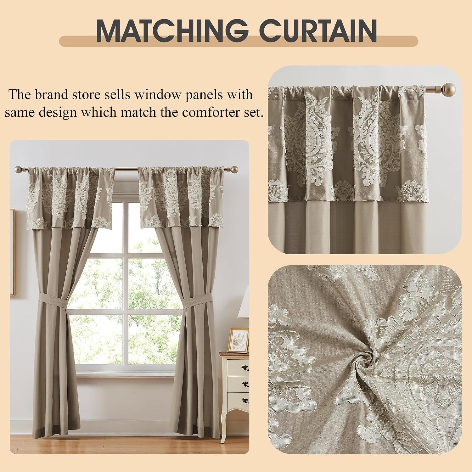 LANCO MODERN LIFESTYLE Beige Queen Comforter Set 7 Pieces, Jacquard Woven with Damask, Bedding Set in a Bag Includes Comforter, Bed Skirt, Pillow Shams, and Decorative Pillows