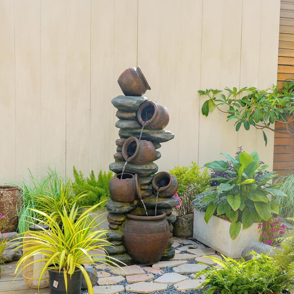 60' H Large Outdoor Water Fountain, 5-Tier Cascading Waterfall Fountain Feature with LED Lights, Rustic Crock Garden Water Feature for Patio, Backyard, Porch, Indoor & Outdoor Décor