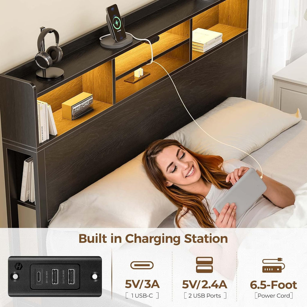 Rolanstar Queen Bed Frame with Storage Headboard & 4 Drawers, Metal Platform Bed with Charging Station, LED Single Bed with Side Shelf, No Box Spring Needed, Easy Assembly, Black