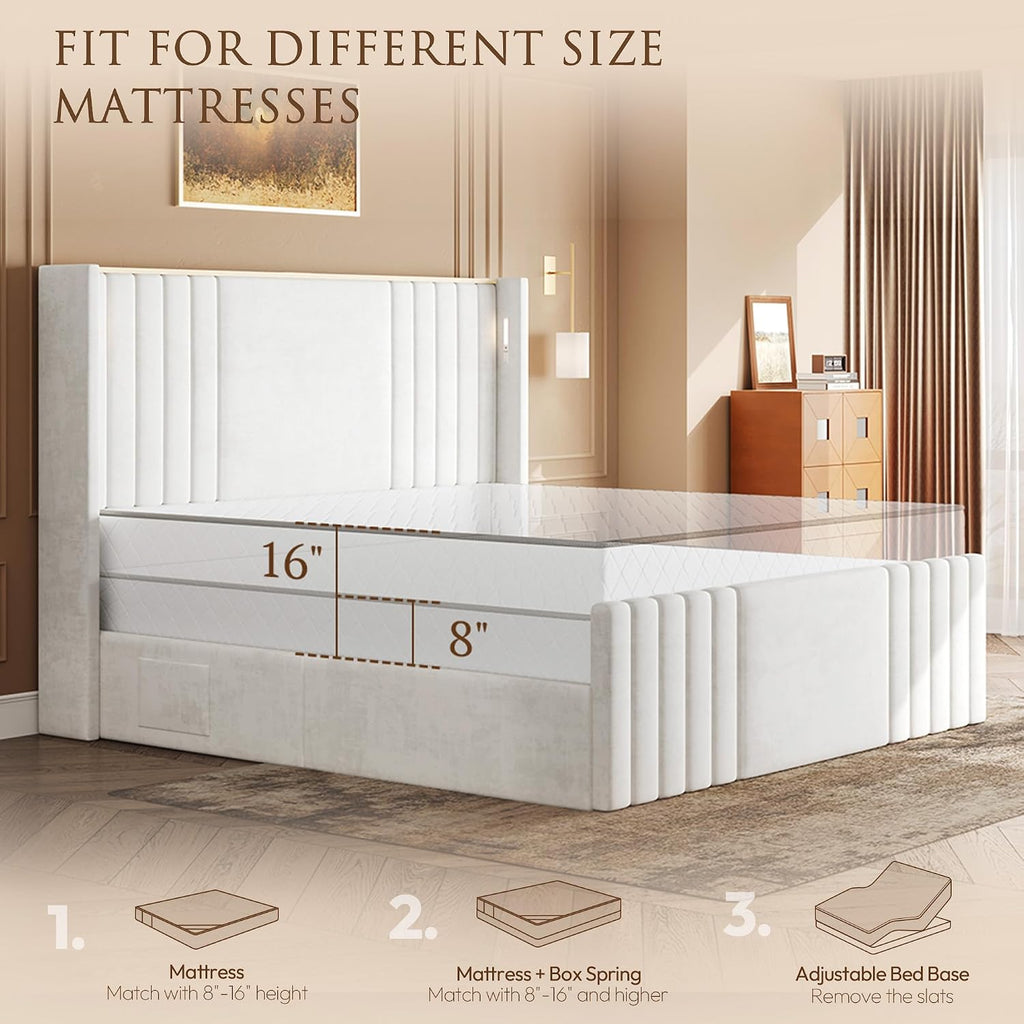 Queen Bed Frame with 55.1' Tall Headboard, Velvet Upholstered Platform Bed with Channel Tufted Wingback, 2 Reading Lights/Storage Shelf/Charging Station/Easy Assembly/Noise-Free, Cream