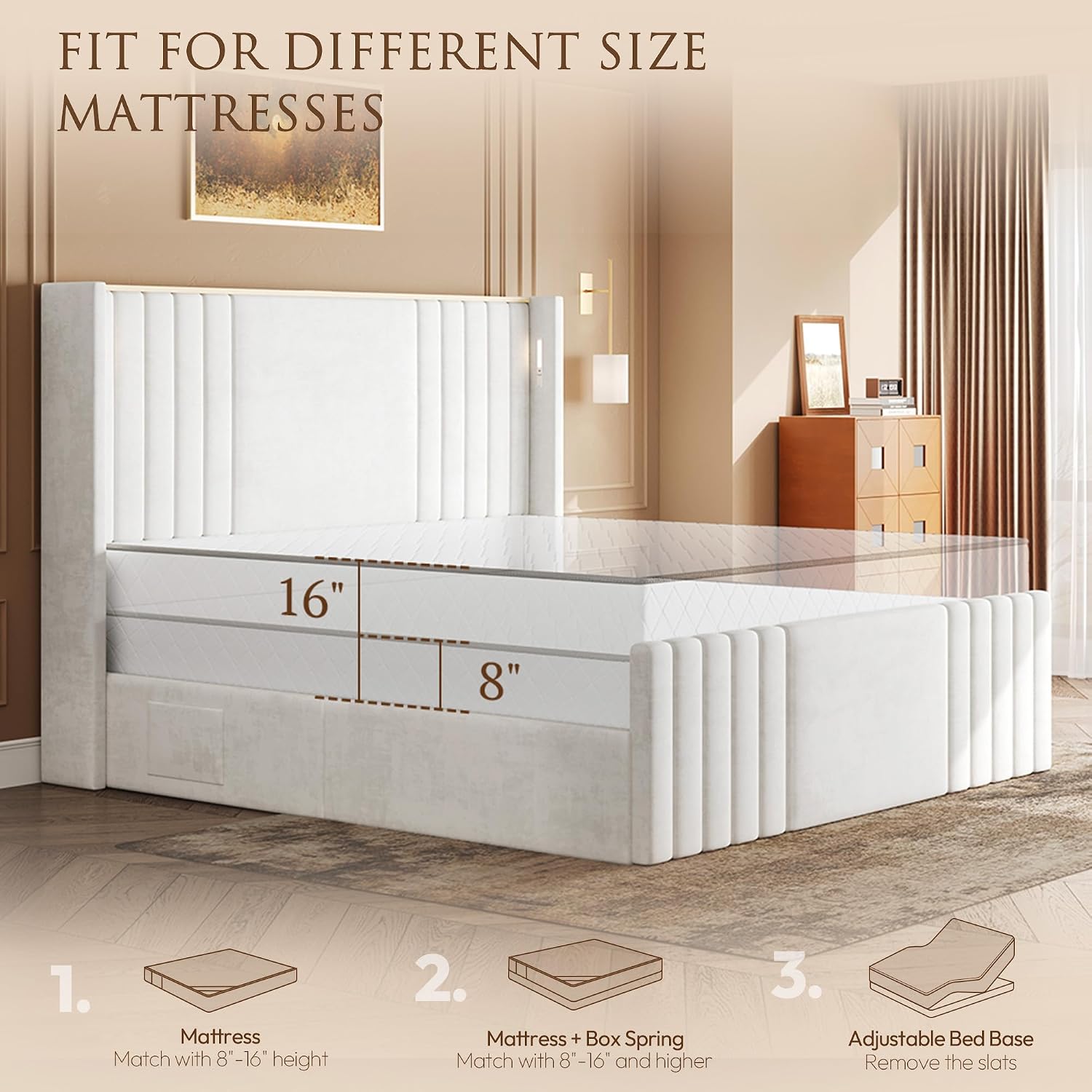 Queen Bed Frame with 55.1' Tall Headboard, Velvet Upholstered Platform Bed with Channel Tufted Wingback, 2 Reading Lights/Storage Shelf/Charging Station/Easy Assembly/Noise-Free, Cream