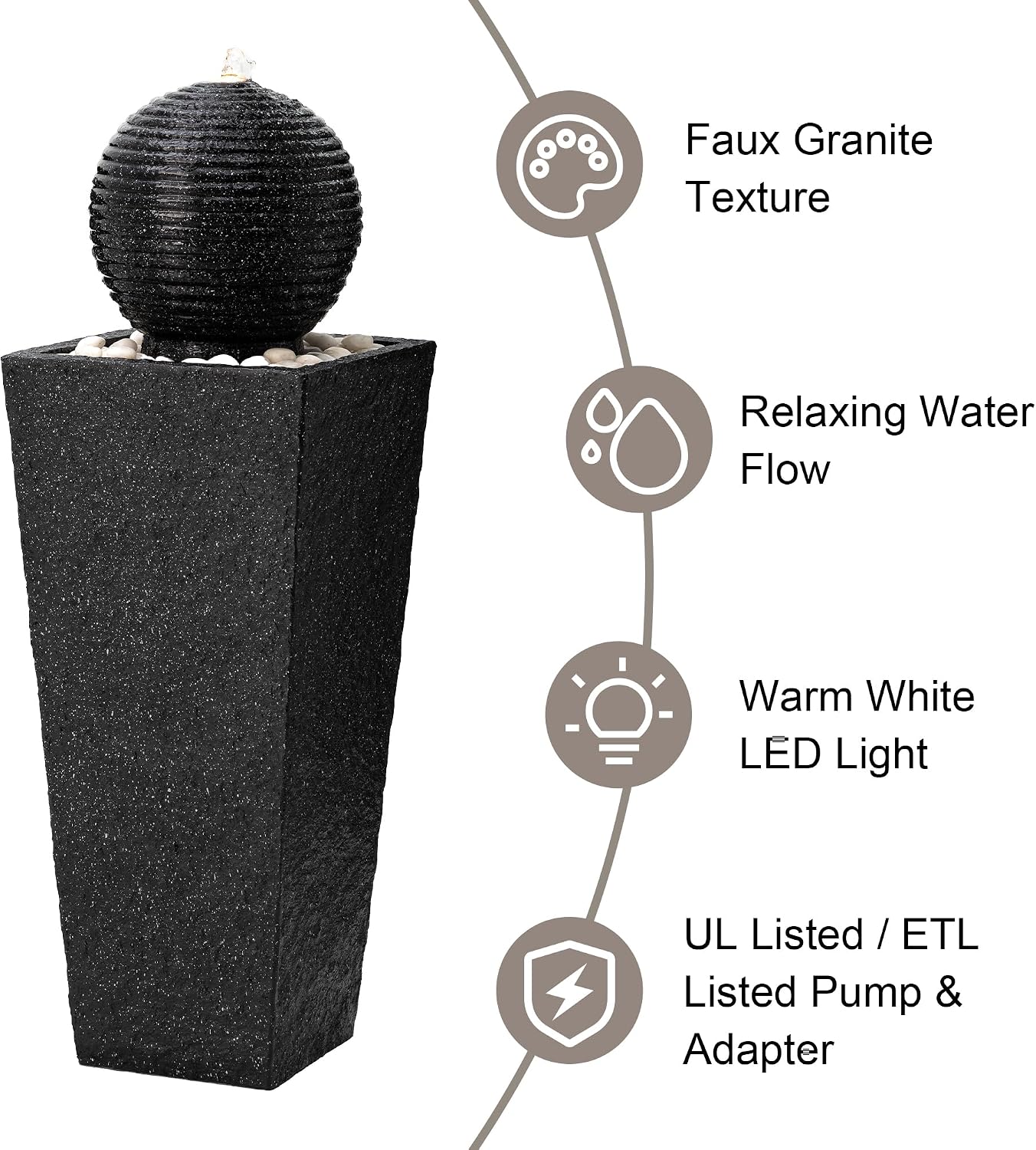 Glitzhome Outdoor Water Fountain with LED Light, Oversized Decorative Black Pedestal Water Fountains with Submersible Pump, Modern Sphere Floor Fountain with Pebbles for Garden Patio Decor, 40.25' H