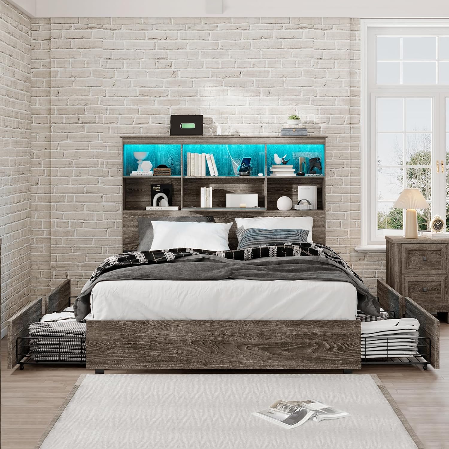 LUXOAK King Size Bed Frame with LED Bookcase Headboard, Wooden Storage Bed with Charging Station & 4 Drawers, No Box Spring Needed/Noise-Free/Rustic Grey