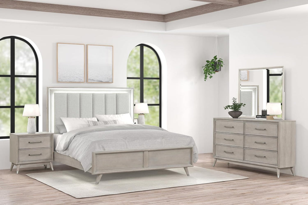 Roundhill Furniture Seluna 5-Piece Bedroom Set with Touch LED Lighting, Gray Oak Finish, King