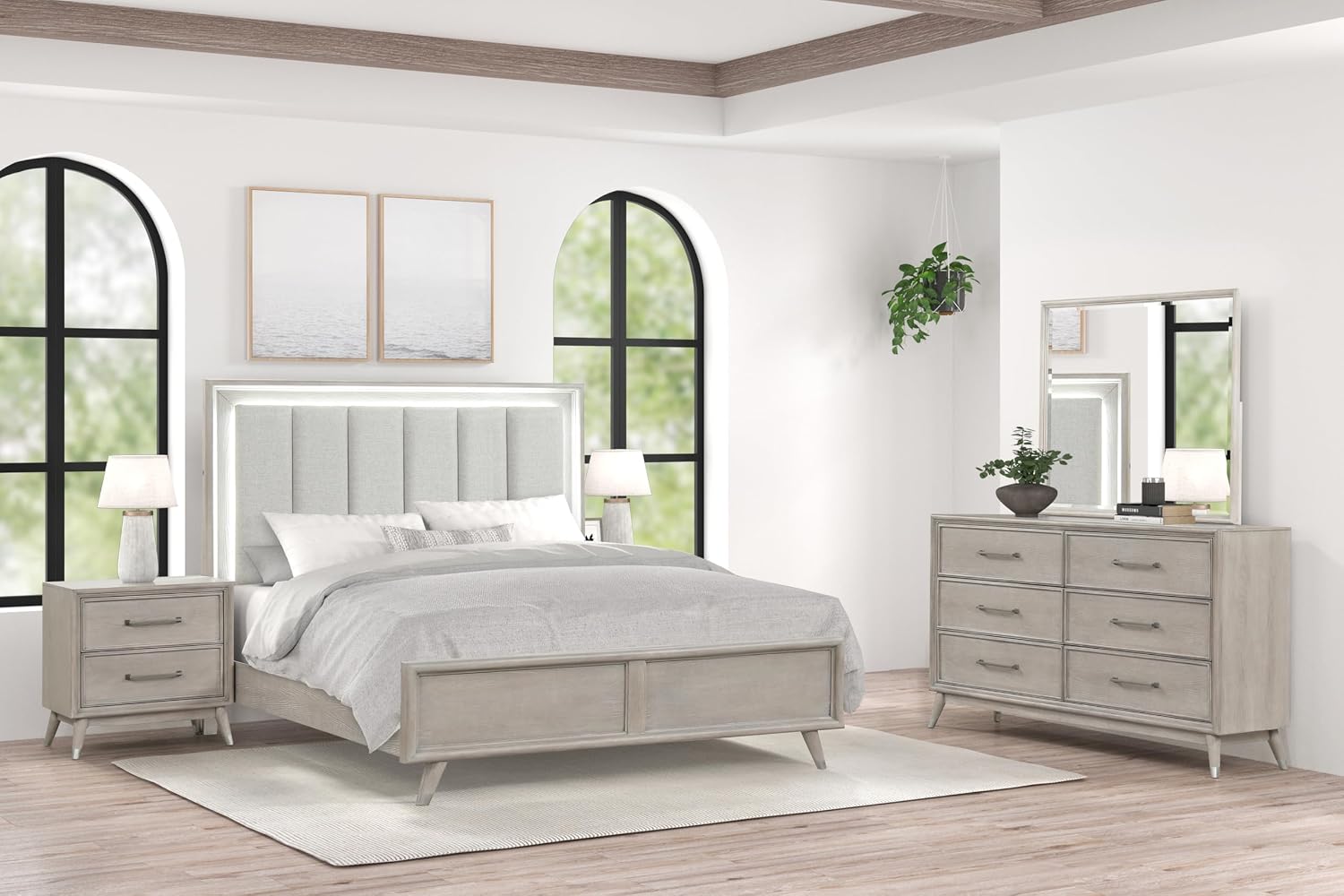 Roundhill Furniture Seluna 5-Piece Bedroom Set with Touch LED Lighting, Gray Oak Finish, King