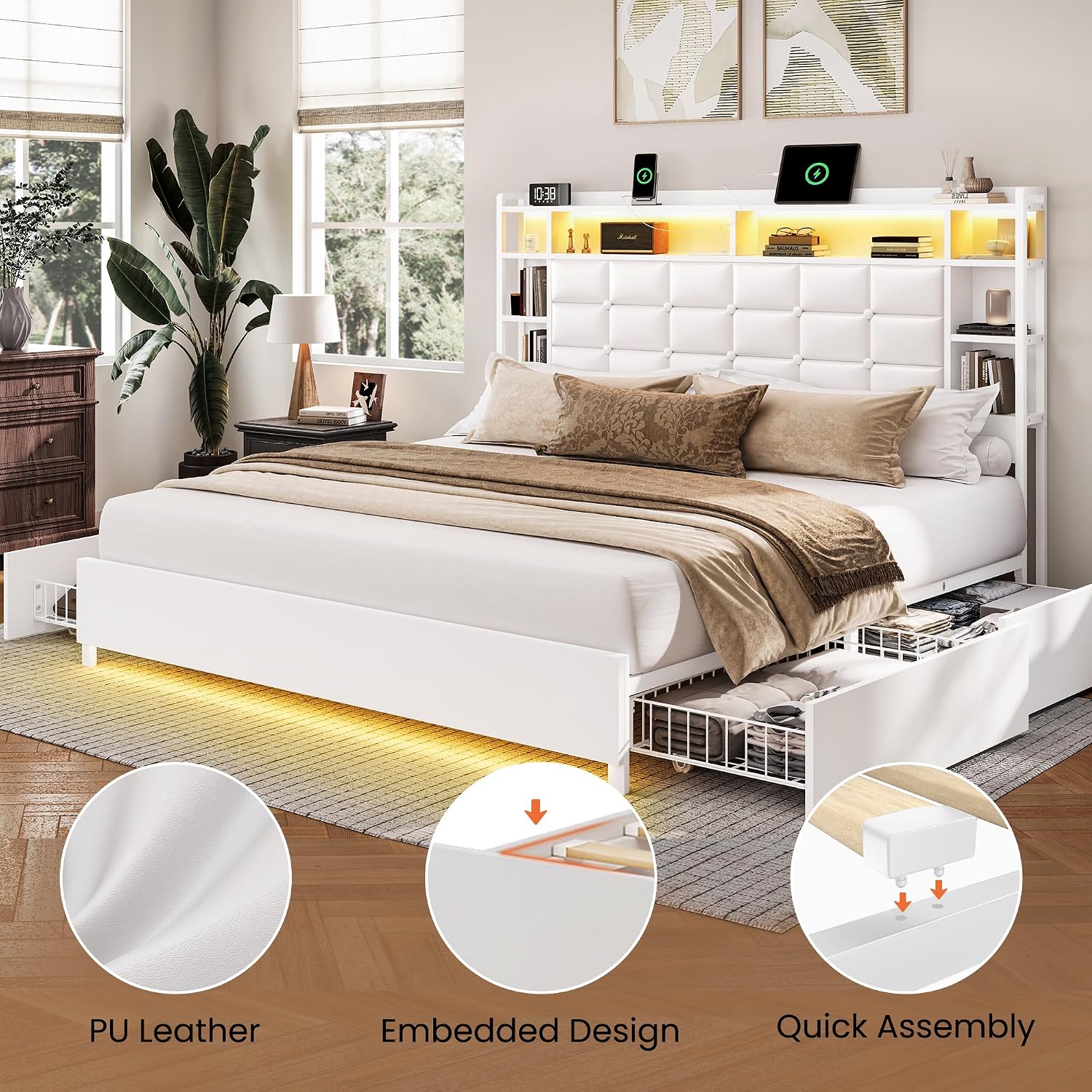 LARMACE Queen Size Bed Frame with 4 Storage Drawers and Bookcase Headboard, Faux Leather Upholstered, Wooden Platform Bed Frame with Charging Station and LED Lights, No Box Spring Needed, White