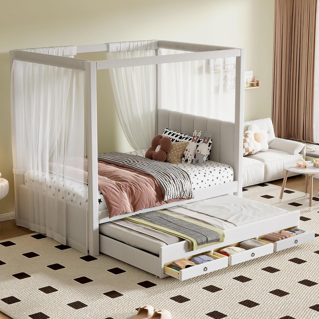 Modern Twin Size Upholstery Canopy Platform Bed with Trundle and 3 Storage Drawers, Twin Size Linen Storage Platform Bed with Backrest and Wood Slat Support for Kids and Teens (Beige, Twin)