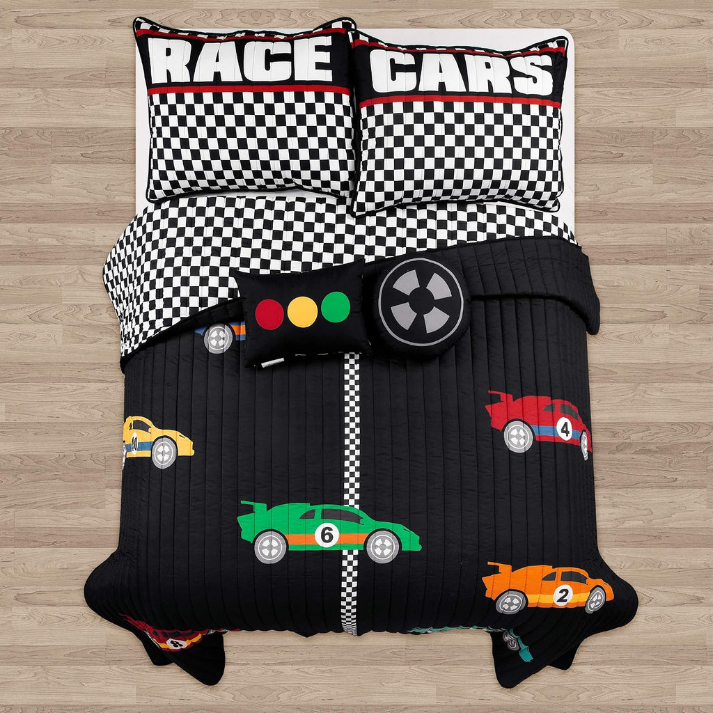 Lush Decor Racing Cars Reversible Quilt Queen Size 5 Piece Set Full/Queen Black & Multi - Kids Bedding Set Queen Quilt - Car Decor