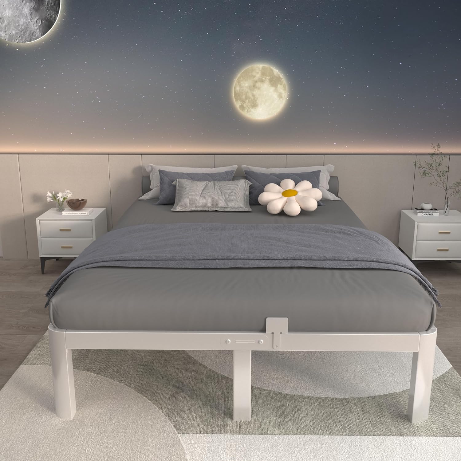 ITIMIDI 12 Inch White Queen Bed Frame, Metal Platform Bed Frame No Box Spring Needed, Heavy Duty Queen Size Bed Frame, Round Corner Legs, Easy Assembly, Under Bed Storage